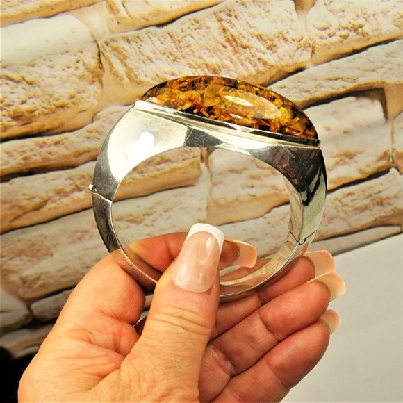 HUGE AMBER 925 SILVER BANGLE BRACELET, RARE TO FIND JEWELRY - Picture 2 of 11